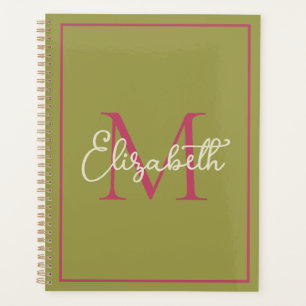 Simple Preppy Olive Green Pink and Cream Monogram Planner