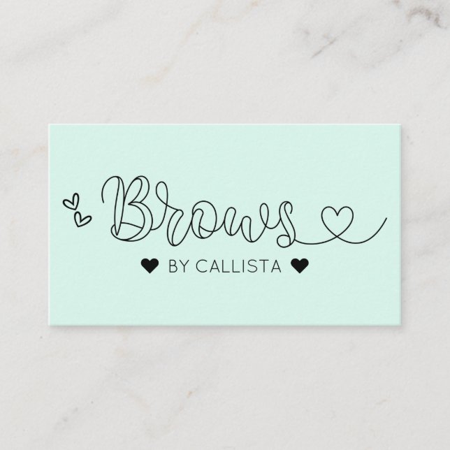Simple Pretty Mint Green Hearts Typography Brows Business Card (Front)
