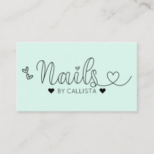 Simple Pretty Mint Hearts Typography Nail Tech Business Card