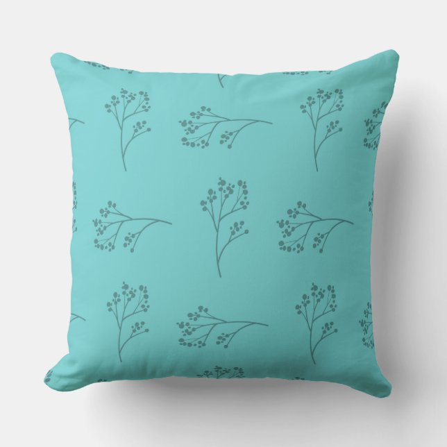 Simple Pretty Turquoise Blue Floral Throw Pillow (Front)
