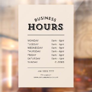 Simple Professional Black on Beige Business Hours Window Cling