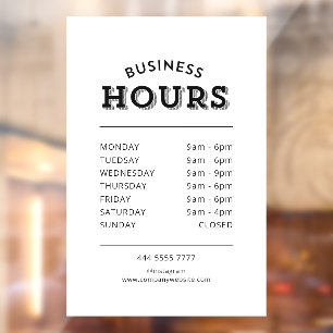 Simple Professional Black on White Business Hours Window Cling