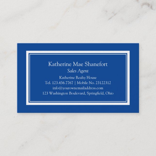 Simple Professional Blue and White Border Business Card (Front)