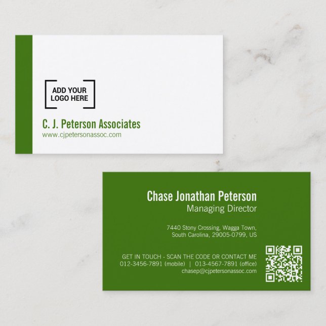 Simple professional green QR code own logo Business Card (Front/Back)