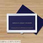 Simple Professional Navy Blue and Gold Business Card Holder<br><div class="desc">Elevate your networking game with this simple, sleek, and professional business card case. The navy blue background features your company name with address, website and contact information in classic golden typography in the lower thirds, adding a touch of sophistication to your business interactions. Stay organized and make a lasting impression...</div>