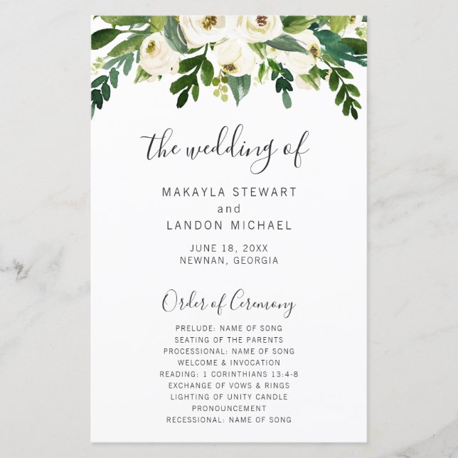 Simple Programme de Mariage Élégant à Fleurs Blanc (Devant)