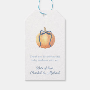 Simple Pumpkin With Navy Blue Bow Baby Shower Gift Tags