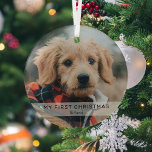 Simple Puppy 'My First Christmas' Photo Keepsake  Glass Ornament<br><div class="desc">Create a pet's first christmas ornament with this simple modern template. Design features a photo of your puppy or kitten,  a white overlay banner with the text 'MY FIRST CHRISTMAS' and the pet's name.</div>