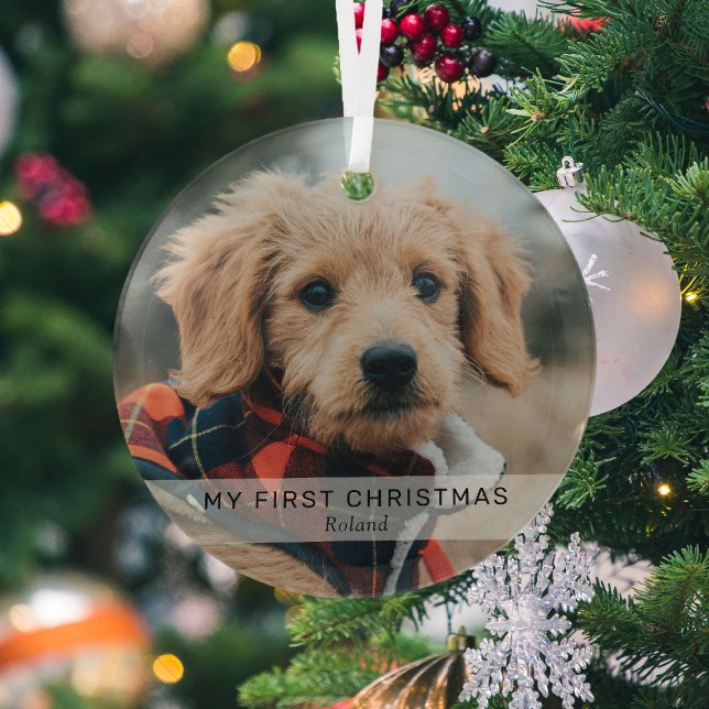 Simple Puppy 'My First Christmas' Photo Keepsake  Glass Ornament (Creator Uploaded)