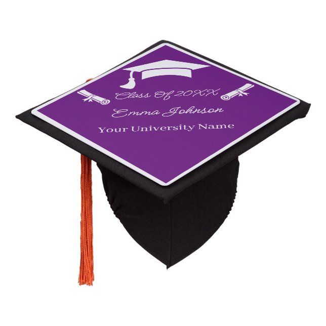 Simple Purple And White Personalized Graduation Cap Topper (Angled)