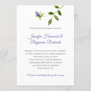 Simple Purple Blossom Green Leaf Stem Wedding Invitation