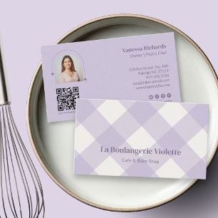Simple Purple Gingham Bakery Pastry QR Photo  Business Card