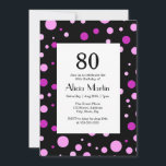 Simple Purple Lilac Polka Dot Black 80th Birthday Invitation<br><div class="desc">With a chic black backdrop enhanced by playful purple lilac polka dots,  this invitation makes a stylish statement for your special occasion. Celebrate a milestone 80th birthday in style and with charm with this unique invitation that guests will treasure as a memory of the incredible event.</div>