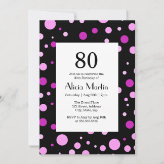Simple Purple Lilac Polka Dot Black 80th Birthday Invitation