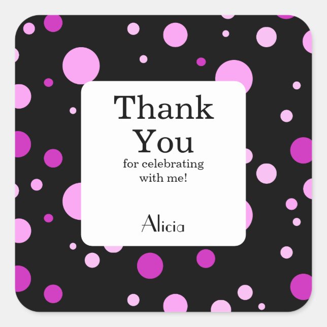 Simple Purple Lilac Polka Dot Black Thank You Square Sticker (Front)