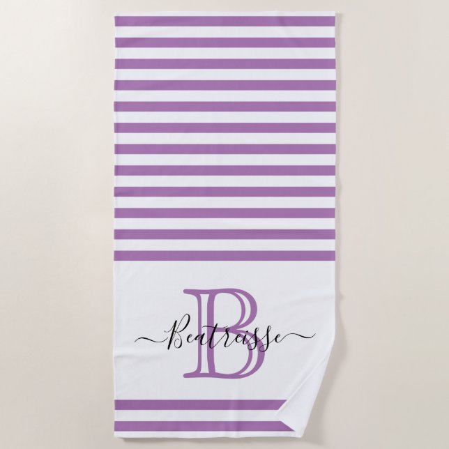 Simple Purple Line Nautical Monogram Initial Beach Towel (Front)