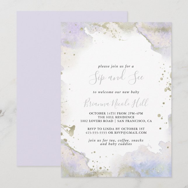 Simple Purple Minimalist Sip and See Invitation (Front/Back)