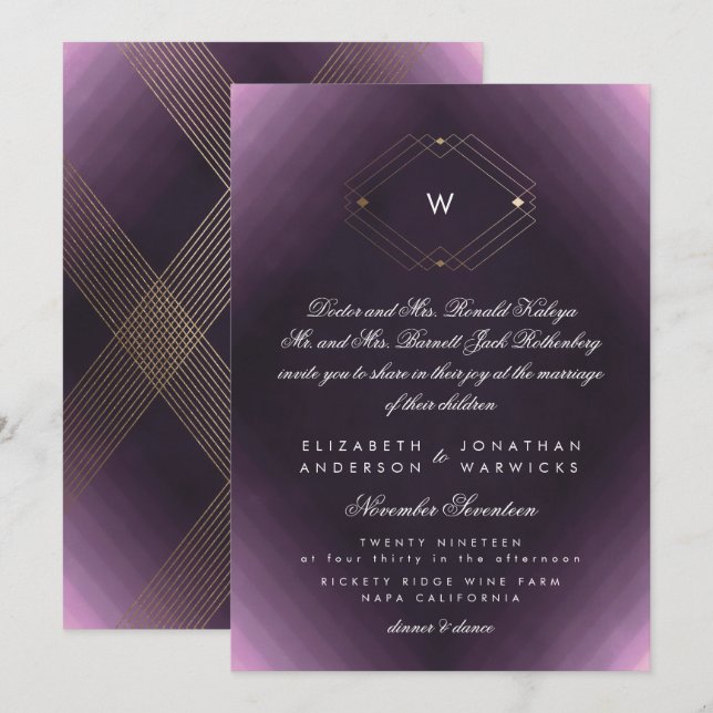 Simple Purple Modern Monogram Script Gold Invitation (Front/Back)