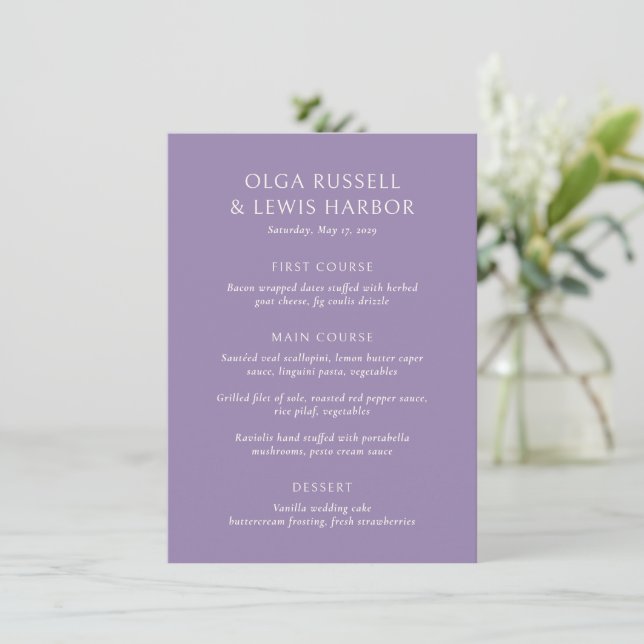 Simple Purple Modern Wedding Menu (Standing Front)