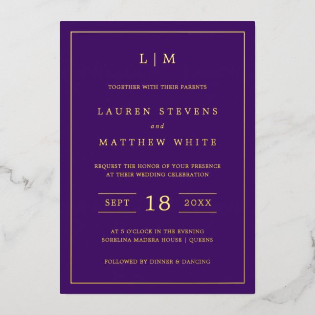 Simple Purple Monogram Elegant Wedding (Front)