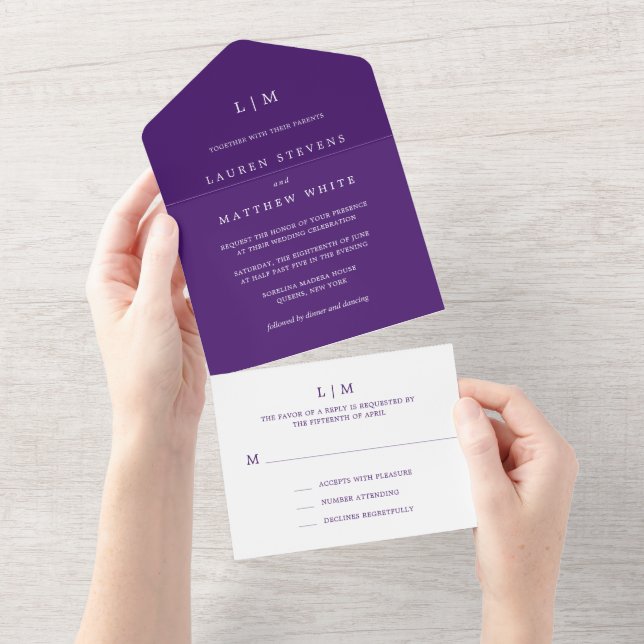Simple Purple Monogram Elegant Wedding All In One Invitation (Tearaway)