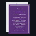 Simple Purple Monogram Elegant Wedding Invitation<br><div class="desc">Simple purple wedding invitation featuring a modern yet elegant design with your two letter monogram at the top and your details surrounded by a thin border. The fonts and background colors may be changed to any colors you wish by clicking the "customize" button. A chic and stylish design that is...</div>