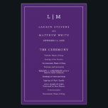 Simple Purple Monogram Elegant Wedding Program<br><div class="desc">Simple Wedding Program featuring a modern yet elegant design with your two letter monogram at the top and your details surrounded by a thin border. All text is in white over a purple background and may be changed in the design editing tool. The front has your order of ceremony and...</div>
