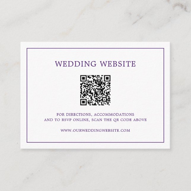 Simple Purple Monogram QR Code Elegant Wedding Enclosure Card (Front)