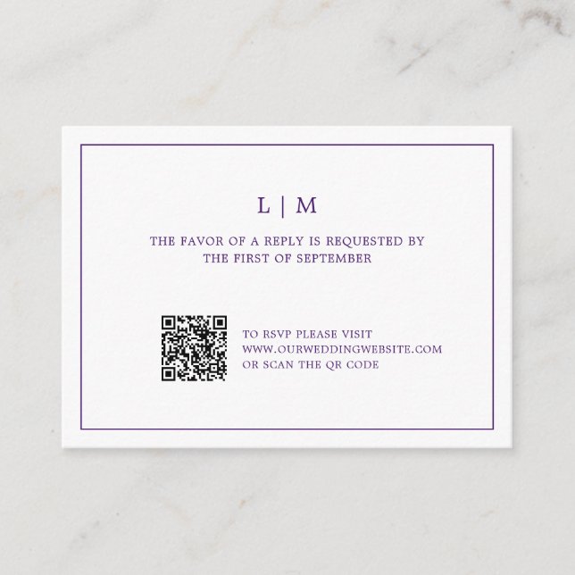 Simple Purple Monogram QR Code Wedding RSVP Card (Front)