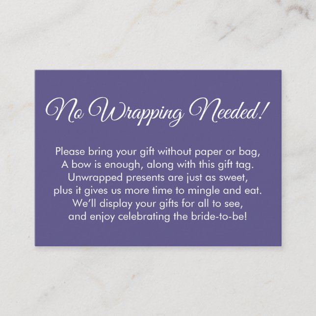 Simple Purple "No Wrapping Needed" Bridal Shower Enclosure Card (Front)