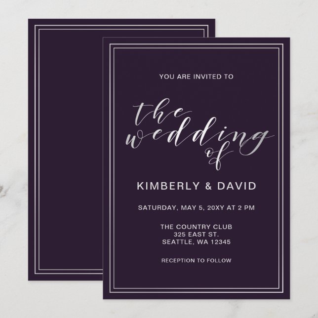 Simple Purple Silver Wedding Invitation (Front/Back)