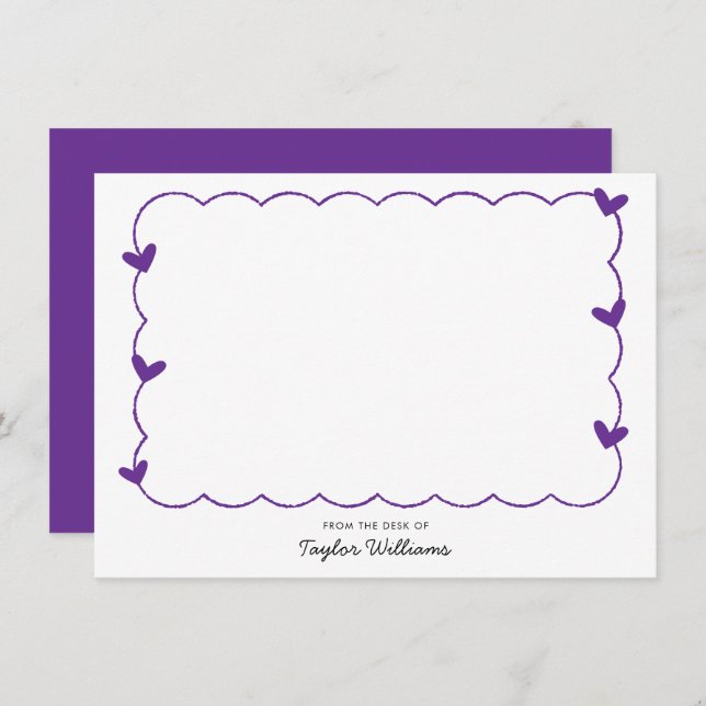 Simple Purple Wavy Border Heart Stationery Card (Front/Back)