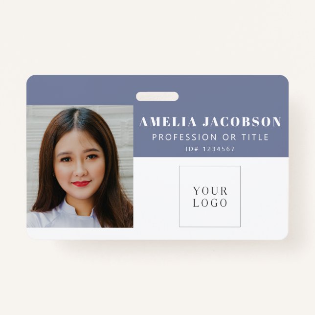 Simple Purple White Employee Photo ID Logo Barcode Badge (Front)