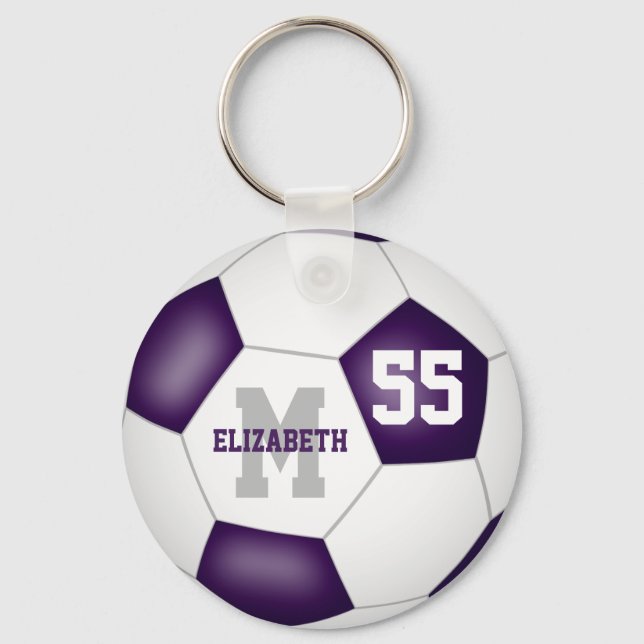 simple purple white team colours girls boys soccer keychain (Front)