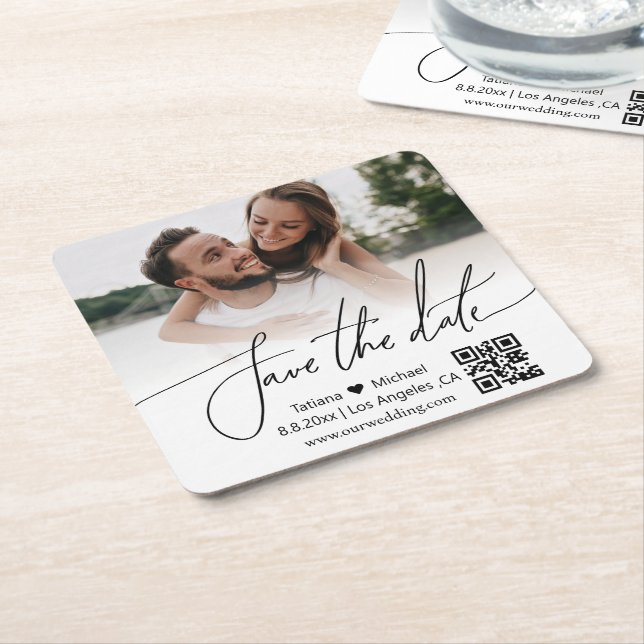simple qr code couple photo save the date  square paper coaster (Angled)