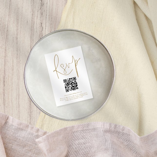 Simple QR Code Gold Script Wedding RSVP Card (Creator Uploaded)