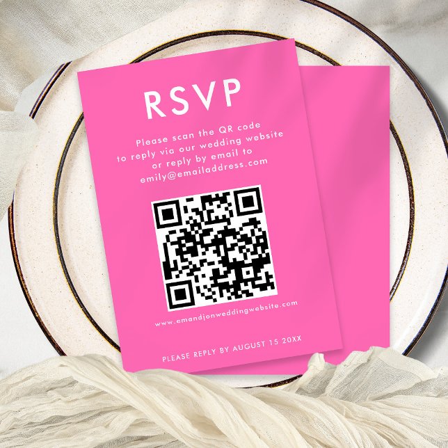 Simple QR Code Hot Pink White Wedding RSVP Card (Creator Uploaded)