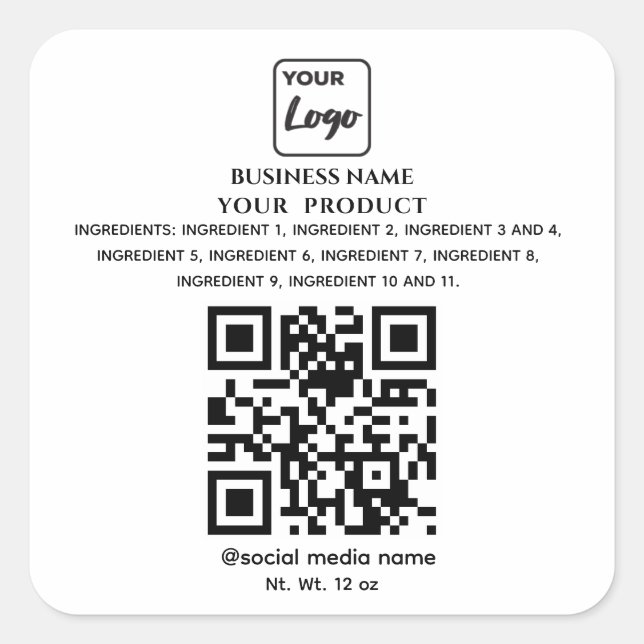 Simple qr code logo product ingredients square sticker (Front)