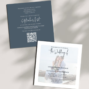 Simple QR Code RSVP Photo Dark Elegant Slate Blue Invitation