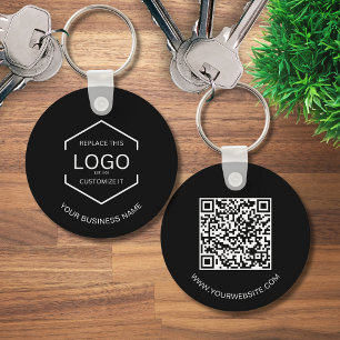 Simple QR Code Website Business Logo Black Round Keychain