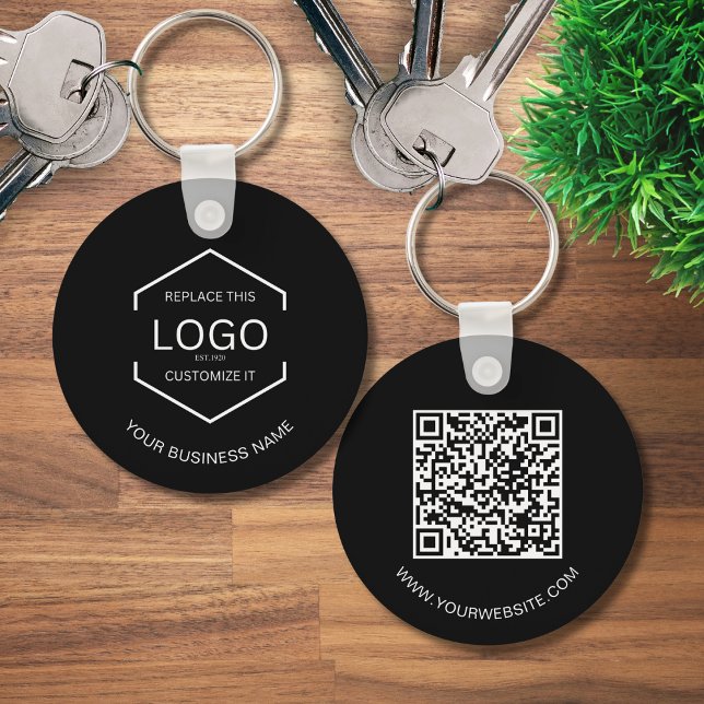 Simple QR Code Website Business Logo Black Round Keychain (Creator Uploaded)