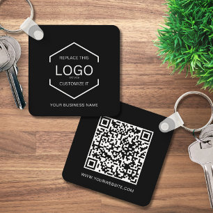 Simple QR Code Website Business Logo Black Round  Keychain