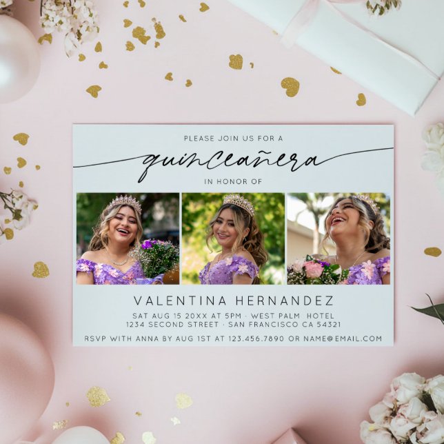Simple Quinceanera Birthday Party 3 Photo Collage Invitation (Creator Uploaded)