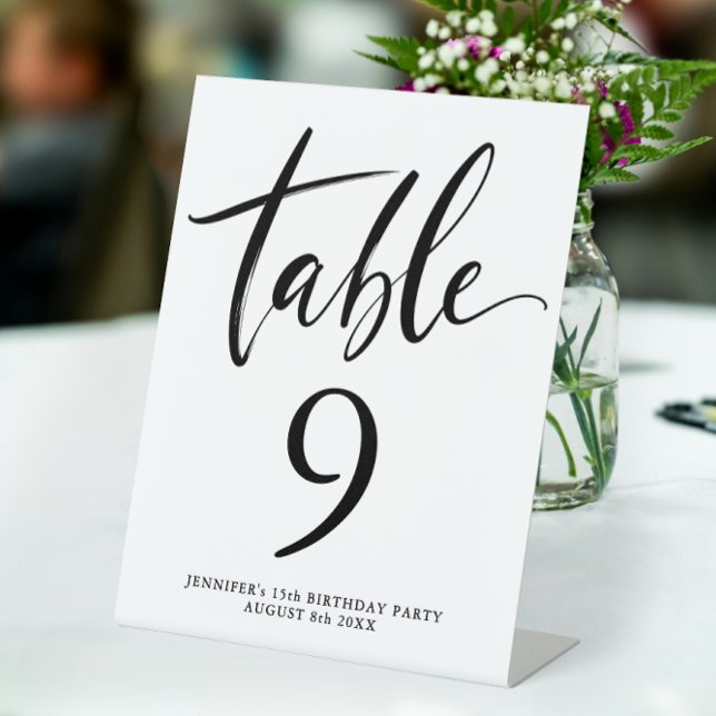 Simple Quinceanera Black Ink Table Number Script Pedestal Sign (Creator Uploaded)