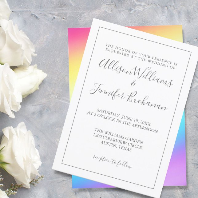 Simple Rainbow Chic Typography LGBTQ Gay Wedding Invitation (Creator Uploaded)