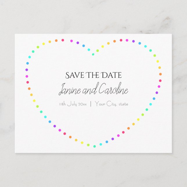 Simple Rainbow Heart Save The Date Postcard (Front)