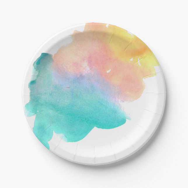 Simple rainbow watercolor splash paper plate (Front)