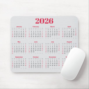 Simple red and light gray 2026 Calendar  Mouse Pad