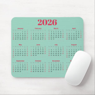 Simple red and light teal 2026 Calendar Mouse Pad