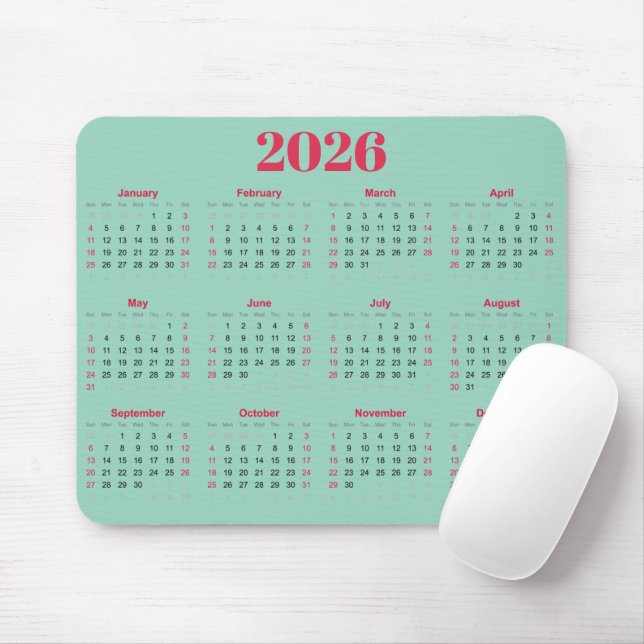 Simple red and light teal 2026 Calendar  Mouse Pad (With Mouse)